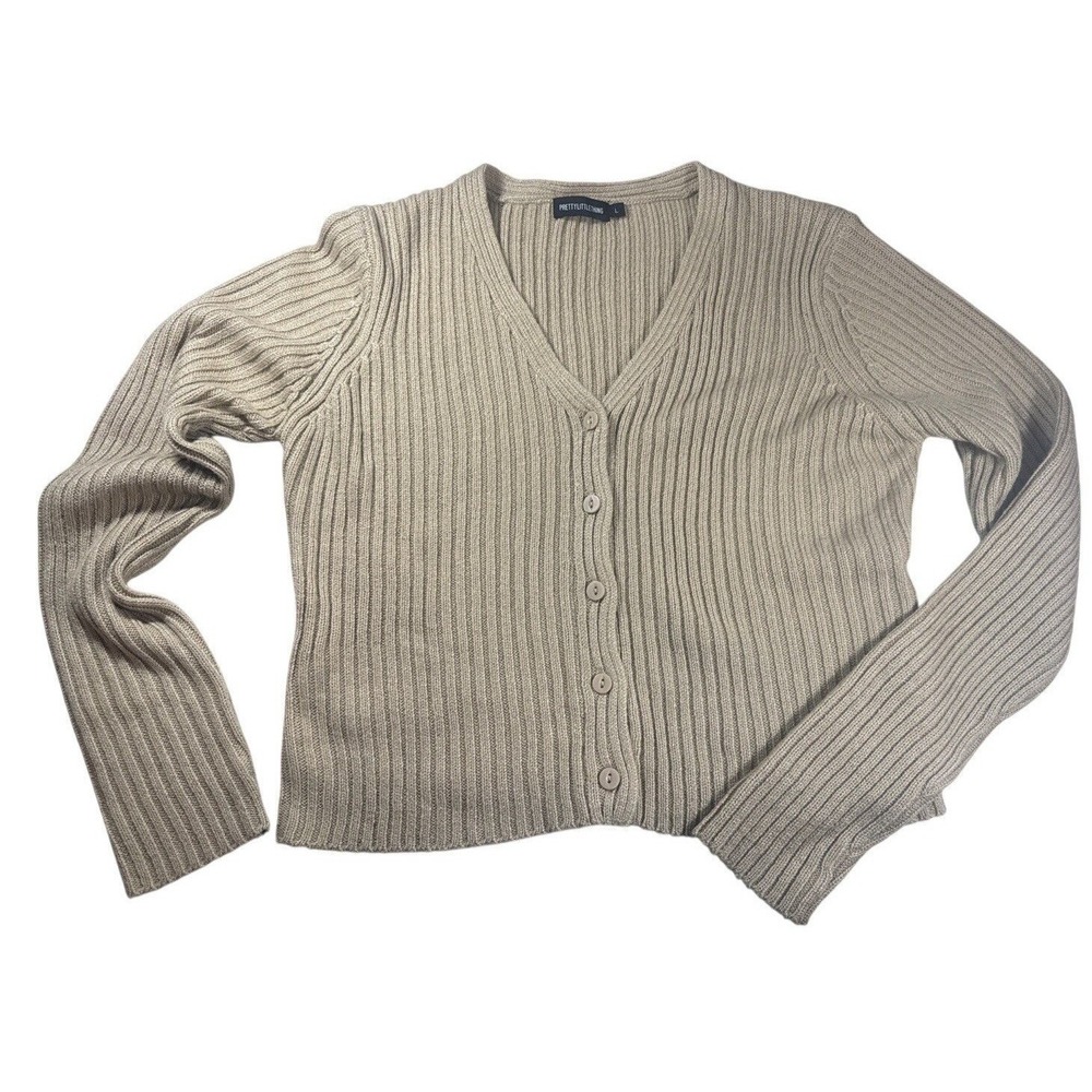 Pretty Little Thing‎ Long Sleeve Ribbed Cropped Cardigan Women's Large Beige